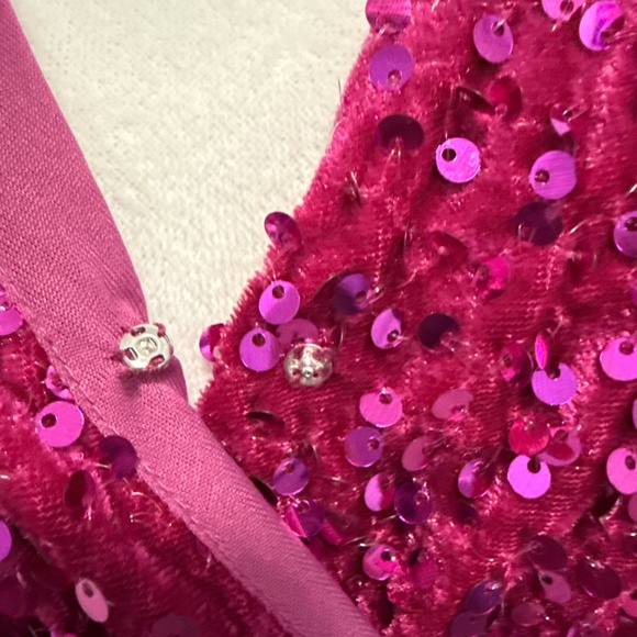 LOVE RICHE Pink Velvet Sequin Long Sleeve V Neck Wrapped Mini Dress Size S - Picture 5 of 12